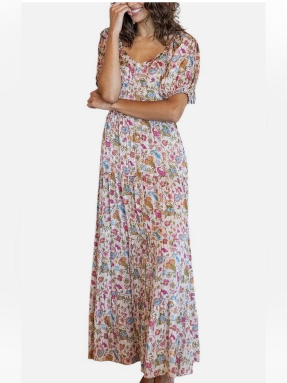 Natural Life Paisley Floral Smocked Boho Women's Maxi Dress Small